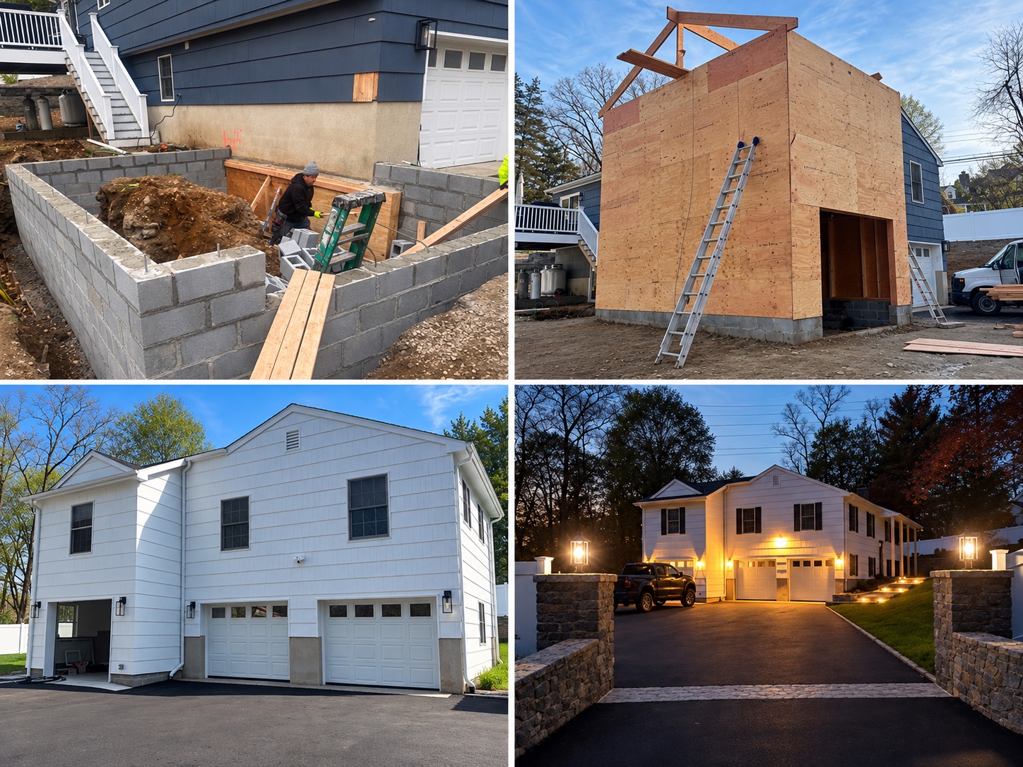 Four stages of a home addition, from foundation and framing to completed exterior