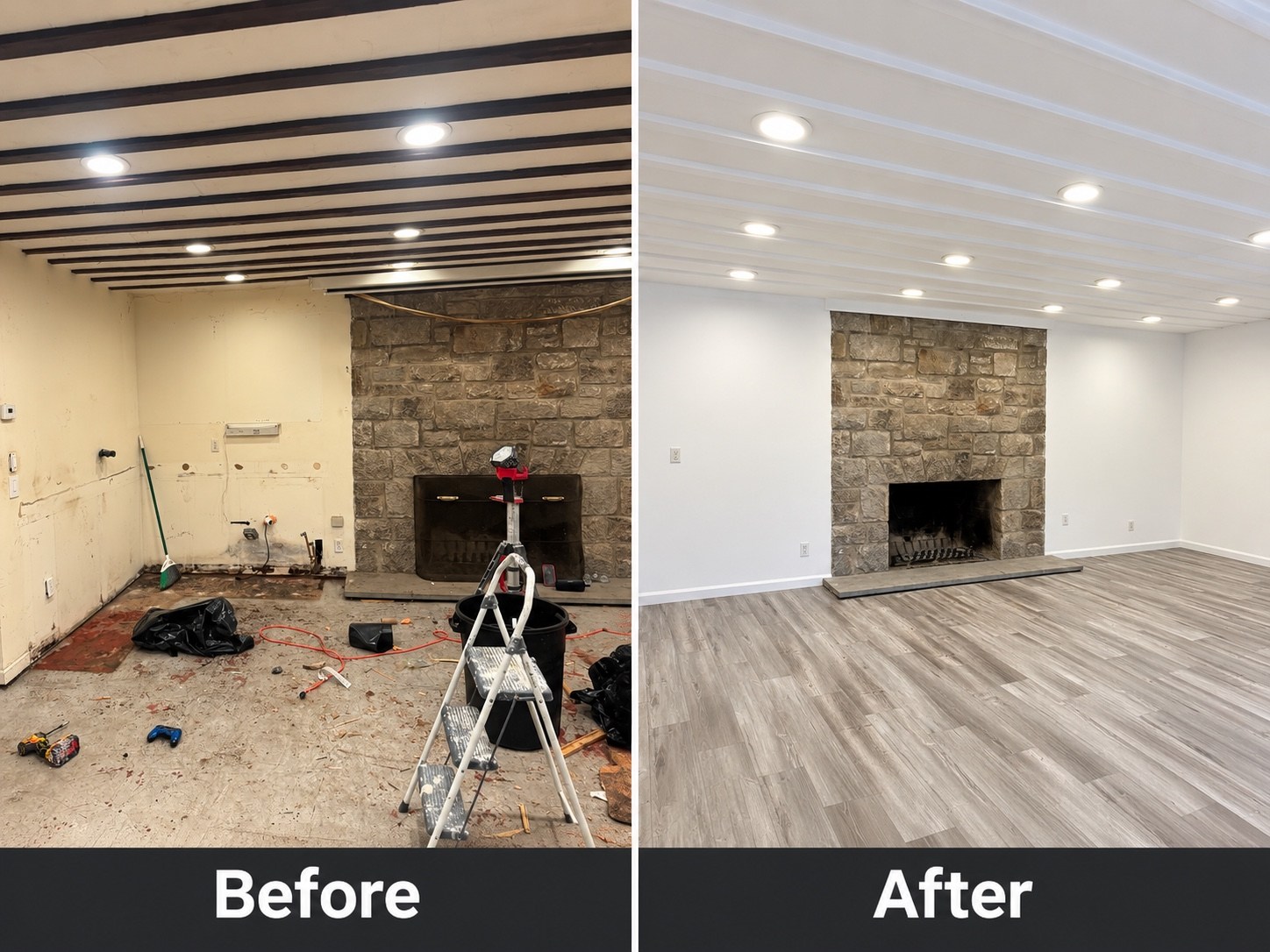 Side-by-side before and after of the basement renovation, including fireplace and updated white ceiling