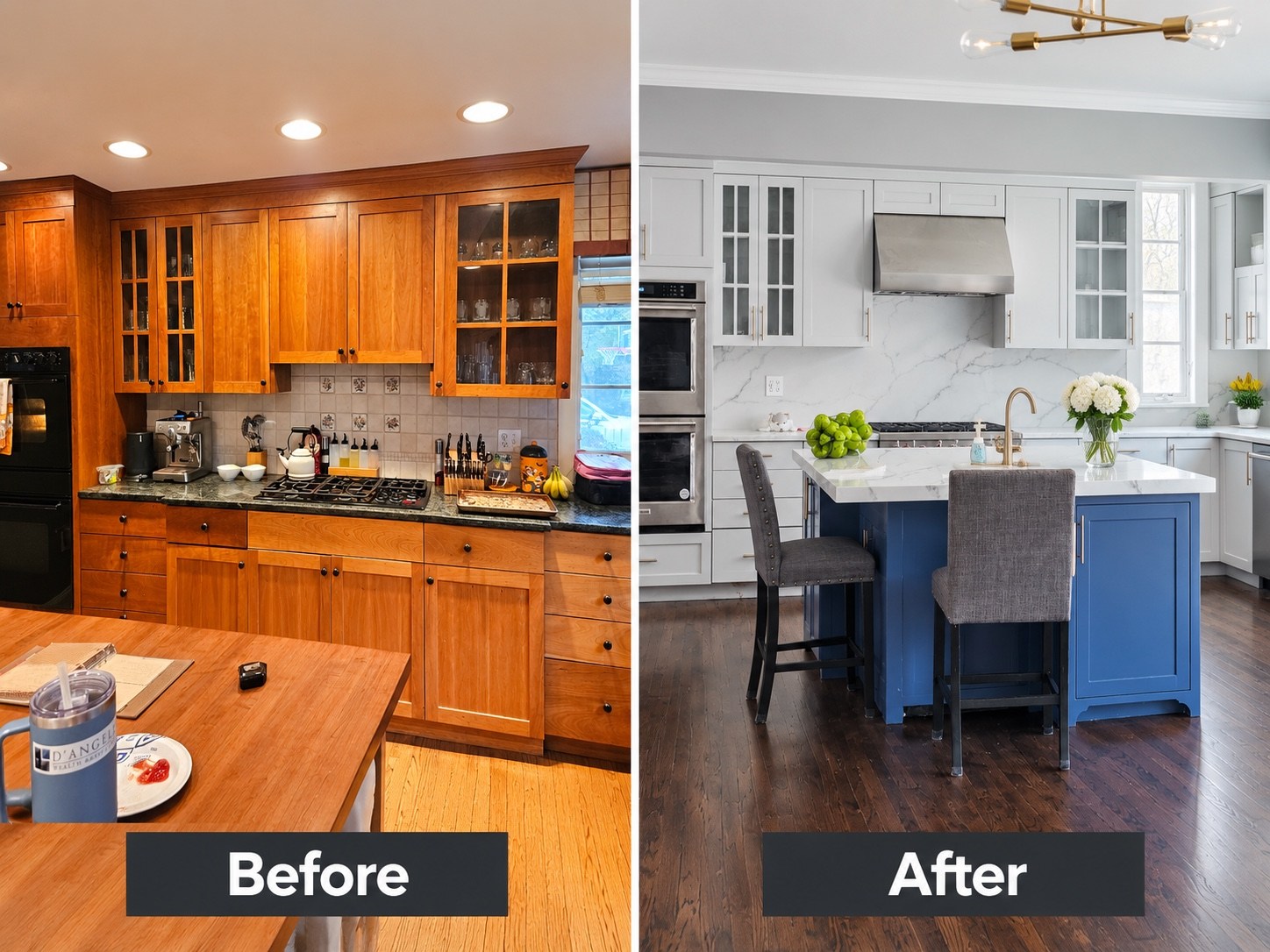 Side-by-side wooden kitchen before and modern kitchen after with blue island