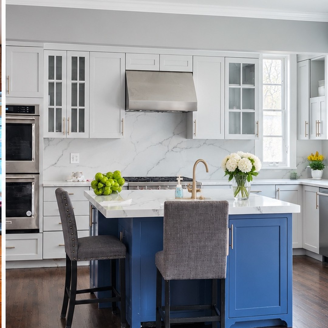 Kitchen remodel with white cabinets and navy island