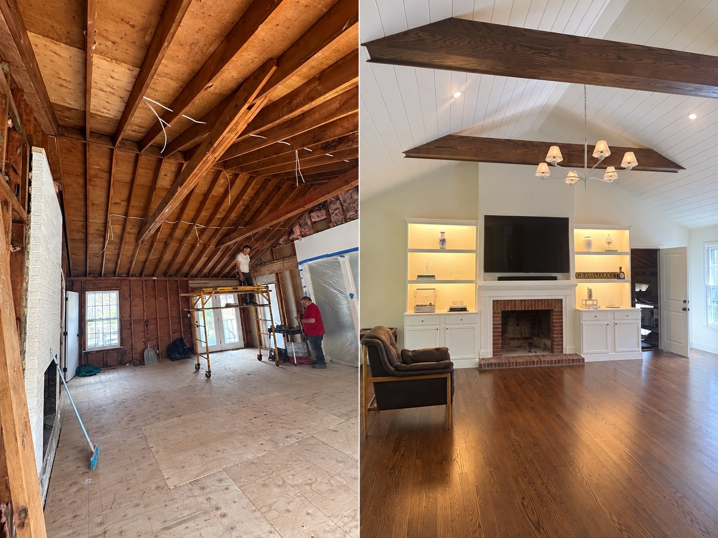 Side-by-side vaulted living room framing and completed living room with fireplace and shelves