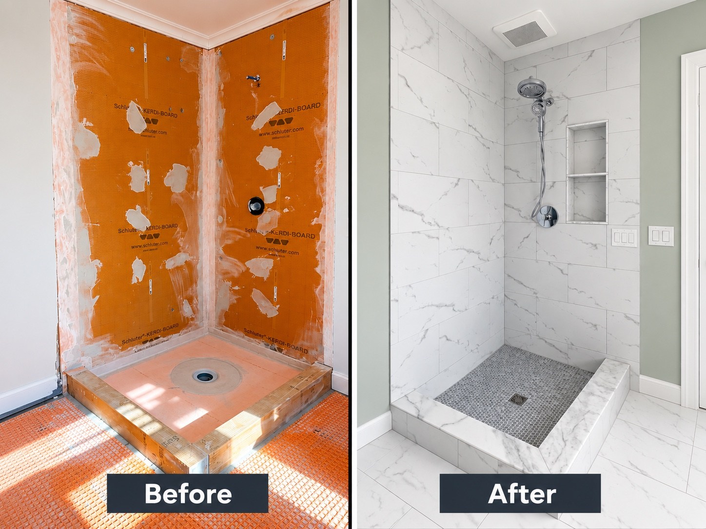 Side-by-side shower construction and finished marble-look shower